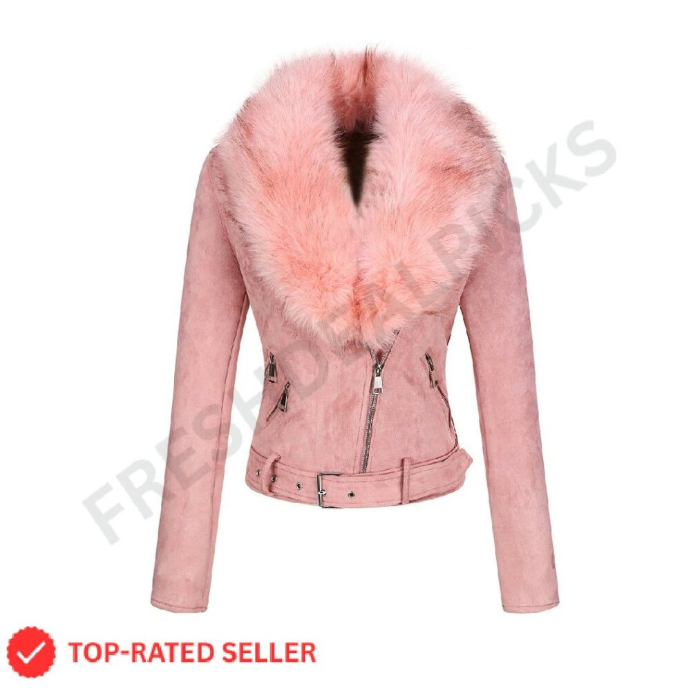 Faux Leather Moto Jacket Sherpa Lined Removable Belt Biker Coat Chic